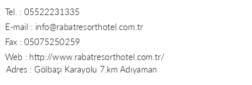 Rabat Resort Hotel telefon numaralar, faks, e-mail, posta adresi ve iletiim bilgileri